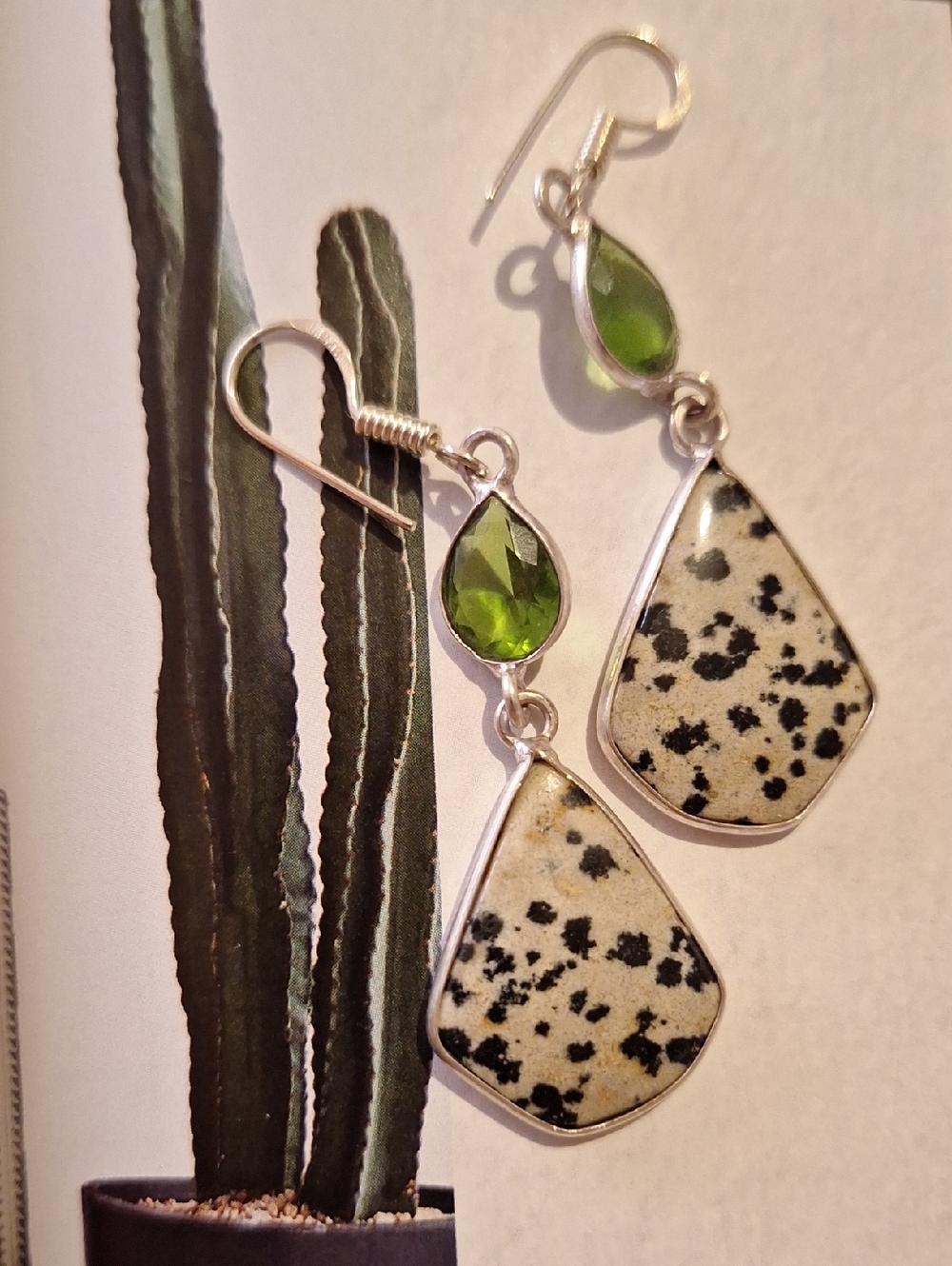 Dalmatian Jasper Drop Earrings with Peridot Accent - Women Jewelry